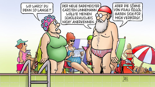 Cartoon: Bademeister Linnemann (medium) by Harm Bengen tagged bademeister,carsten,linnemann,cdu,schülerausweis,özgül,susemil,schwimmbad,freibad,kontrollen,strafen,harm,bengen,cartoon,karikatur,bademeister,carsten,linnemann,cdu,schülerausweis,özgül,susemil,schwimmbad,freibad,kontrollen,strafen,harm,bengen,cartoon,karikatur