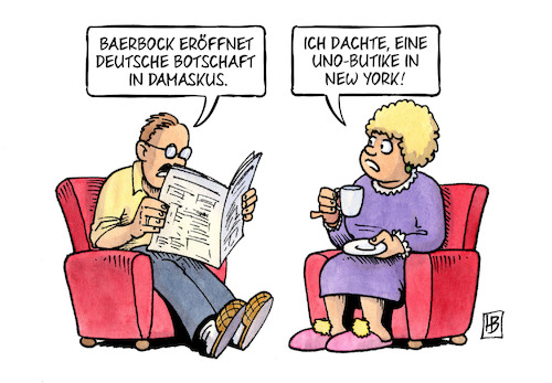 Cartoon: Baerbock-Job (medium) by Harm Bengen tagged baerbock,außenministerin,aussenministerin,deutsche,botschaft,damaskus,syrien,uno,vollversammlung,präsidentin,butike,new,york,harm,bengen,cartoon,karikatur,baerbock,außenministerin,aussenministerin,deutsche,botschaft,damaskus,syrien,uno,vollversammlung,präsidentin,butike,new,york,harm,bengen,cartoon,karikatur