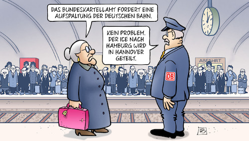 Cartoon: Bahn-Aufspaltung (medium) by Harm Bengen tagged bundeskartellamt,aufspaltung,deutsche,bahn,bahnhof,bahnsteig,susemil,ice,geteilt,harm,bengen,cartoon,karikatur,bundeskartellamt,aufspaltung,deutsche,bahn,bahnhof,bahnsteig,susemil,ice,geteilt,harm,bengen,cartoon,karikatur