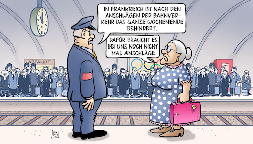 Cartoon: Bahnanschläge (medium) by Harm Bengen tagged frankreich,anschläge,bahnverkehr,deutschland,susemil,db,bahn,sicherheit,olympia,paris,harm,bengen,cartoon,karikatur,frankreich,anschläge,bahnverkehr,deutschland,susemil,db,bahn,sicherheit,olympia,paris,harm,bengen,cartoon,karikatur