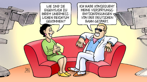 Cartoon: Bahnentschädigung (medium) by Harm Bengen tagged talkshow,studio,interview,reichtum,verspätungsentschädigungen,deutschen,bahn,gespart,sparen,harm,bengen,cartoon,karikatur,talkshow,studio,interview,reichtum,verspätungsentschädigungen,deutschen,bahn,gespart,sparen,harm,bengen,cartoon,karikatur