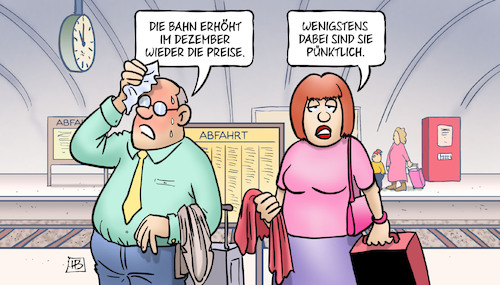 Cartoon: Bahnpreise (medium) by Harm Bengen tagged deutsche,bahn,dezember,fahrpreise,erhöhung,pünktlichkeit,bahnhof,harm,bengen,cartoon,karikatur,deutsche,bahn,dezember,fahrpreise,erhöhung,pünktlichkeit,bahnhof,harm,bengen,cartoon,karikatur