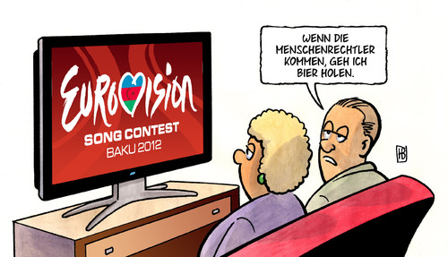 Cartoon: Baku 2012 (medium) by Harm Bengen tagged gleichgültigkeit,unterhaltung,tv,bier,menschenrechtler,menschenrechte,aserbaidschan,contest,song,eurovision,2012,baku,baku,2012,eurovision song contest,menschenrechte,aserbaidschan,menschenrechtler,tv,eurovision,song,contest