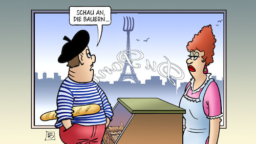 Cartoon: Bauern blockieren Paris (medium) by Harm Bengen tagged bauern,blockieren,paris,blockade,eifelturm,mistgabel,forke,frankreich,landwirtschaft,bäckerei,harm,bengen,cartoon,karikatur,bauern,blockieren,paris,blockade,eifelturm,mistgabel,forke,frankreich,landwirtschaft,bäckerei,harm,bengen,cartoon,karikatur