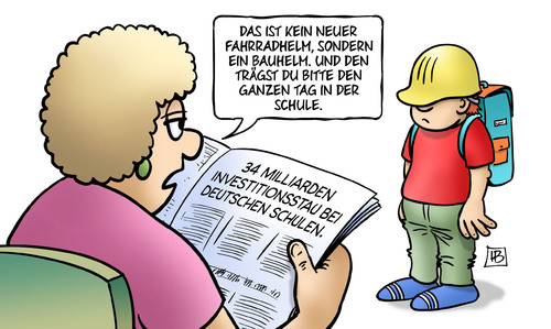 Cartoon: Bauhelm (medium) by Harm Bengen tagged fahrradhelm,bauhelm,schulen,schueler,kind,mutter,zeitung,34,milliarden,investitionsstau,bildung,harm,bengen,cartoon,karikatur,fahrradhelm,bauhelm,schulen,schueler,kind,mutter,zeitung,34,milliarden,investitionsstau,bildung,harm,bengen,cartoon,karikatur