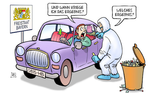 Cartoon: Bayern-Tests (medium) by Harm Bengen tagged ergebnis,bayern,freistaat,tests,corona,kfz,autofahrer,einreise,harm,bengen,cartoon,karikatur,ergebnis,bayern,freistaat,tests,corona,kfz,autofahrer,einreise,harm,bengen,cartoon,karikatur