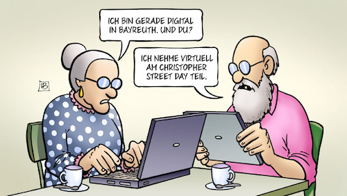 Cartoon: Bayreuth und CSD (medium) by Harm Bengen tagged digital,bayreuth,wagner,festspiele,corona,laptop,tablett,virtuell,christopher,street,day,csd,schwul,lesbisch,parade,computer,susemil,harm,bengen,cartoon,karikatur,digital,bayreuth,wagner,festspiele,corona,laptop,tablett,virtuell,christopher,street,day,csd,schwul,lesbisch,parade,computer,susemil,harm,bengen,cartoon,karikatur