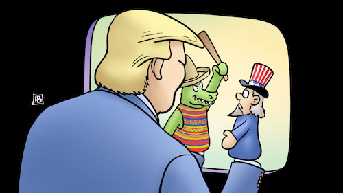 Cartoon: Bedrohungs-Theater (medium) by Harm Bengen tagged tv,kasperle,theater,krokodil,uncle,sam,angst,bedrohung,trump,rede,zur,nation,mauer,mexiko,harm,bengen,cartoon,karikatur,tv,kasperle,theater,krokodil,uncle,sam,angst,bedrohung,trump,rede,zur,nation,mauer,mexiko,harm,bengen,cartoon,karikatur