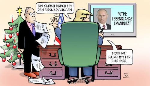 Cartoon: Begnadigungen und Immunität (medium) by Harm Bengen tagged begnadigungen,unterschreiben,usa,russland,idee,putin,lebenslange,immunität,trump,weihnachten,monitor,harm,bengen,cartoon,karikatur,begnadigungen,unterschreiben,usa,russland,idee,putin,lebenslange,immunität,trump,weihnachten,monitor,harm,bengen,cartoon,karikatur