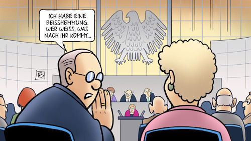 Cartoon: Beisshemmung (medium) by Harm Bengen tagged bundestag,adler,merkel,abschied,generaldebatte,haushalt,beisshemmung,harm,bengen,cartoon,karikatur,bundestag,adler,merkel,abschied,generaldebatte,haushalt,beisshemmung,harm,bengen,cartoon,karikatur