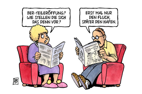 Cartoon: BER-Start (medium) by Harm Bengen tagged fluch,hafen,start,teileröffnung,hartmut,mehdorn,ber,flughafen,berlin,grossflughafen,willy,brandt,verzögerung,fertigstellung,geld,blamage,wowereit,brandschutz,harm,bengen,cartoon,karikatur,fluch,hafen,start,teileröffnung,hartmut,mehdorn,ber,flughafen,berlin,grossflughafen,willy,brandt,verzögerung,fertigstellung,geld,blamage,wowereit,brandschutz,harm,bengen,cartoon,karikatur