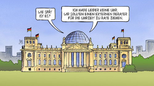 Cartoon: Berater für alles (medium) by Harm Bengen tagged externe,berater,uhrzeit,bundestag,reichstag,ministerien,kosten,harm,bengen,cartoon,karikatur,externe,berater,uhrzeit,bundestag,reichstag,ministerien,kosten,harm,bengen,cartoon,karikatur