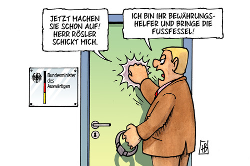 Cartoon: Bewährung (medium) by Harm Bengen tagged bewährung,bewährungshelfer,bewährungsstrafe,fußfessel,fdp,rösler,partei,parteivorsitzender,lindner,brüderle,westerwelle,außenminister,absägen,libyen,enthaltung,bewährung,bewährungshelfer,bewährungsstrafe,fdp,rösler,partei,parteivorsitzender,fußfessel,absägen,libyen,enthaltung,außenminister,westerwelle,brüderle