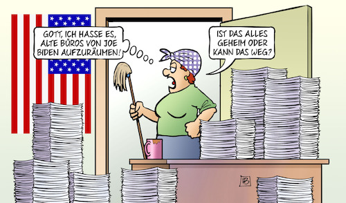 Cartoon: Biden-Büros (medium) by Harm Bengen tagged putzfrau,aufräumen,büro,geheimdokumente,usa,biden,präsident,vizepräsident,trump,vergesslichkeit,harm,bengen,cartoon,karikatur,putzfrau,aufräumen,büro,geheimdokumente,usa,biden,präsident,vizepräsident,trump,vergesslichkeit,harm,bengen,cartoon,karikatur