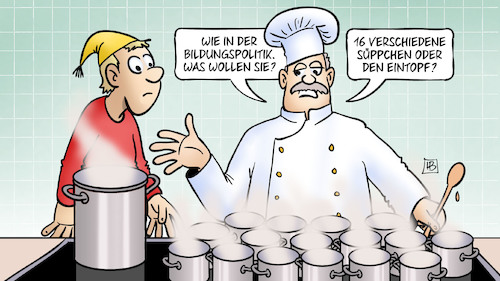 Cartoon: Bildungsföderalismus (medium) by Harm Bengen tagged bildungsföderalismus,bildungspolitik,bund,länder,16,verschiedene,süppchen,eintopf,koch,michel,harm,bengen,cartoon,karikatur,bildungsföderalismus,bildungspolitik,bund,länder,16,verschiedene,süppchen,eintopf,koch,michel,harm,bengen,cartoon,karikatur