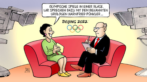 Cartoon: Blase (medium) by Harm Bengen tagged olympische,spiele,blase,urologen,studio,talkshow,arzt,tv,peking,olympia,corona,china,winterolympiade,harm,bengen,cartoon,karikatur,olympische,spiele,blase,urologen,studio,talkshow,arzt,tv,peking,olympia,corona,china,winterolympiade,harm,bengen,cartoon,karikatur