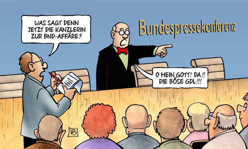 Cartoon: BND und GdL (medium) by Harm Bengen tagged kanzlerin,kanzleramt,merkel,bundespresskonferenz,reporter,bnd,geheimdienst,affäre,gdl,gewerkschaft,bahn,bahnstreik,harm,bengen,cartoon,karikatur,kanzlerin,kanzleramt,merkel,bundespresskonferenz,reporter,bnd,geheimdienst,affäre,gdl,gewerkschaft,bahn,bahnstreik,harm,bengen,cartoon,karikatur