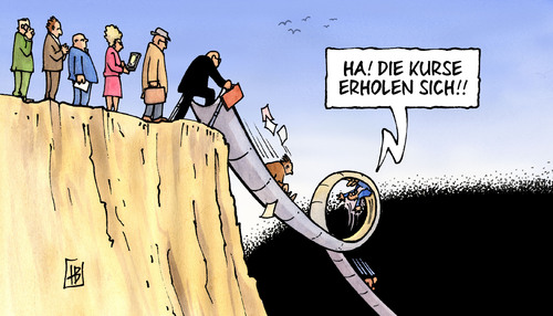 Cartoon: Börsenkurse (medium) by Harm Bengen tagged börsenkurse,börse,finanzen,finanzmarkt,finanzmärkte,turbulenzen,crash,absturz,verlust,krise,wirtschaftskrise,ezb,banken,euro,dollar,rettungsschirm,spekulation,iwf,g7,rating,europa,usa,eurostoxx,dowjones,nasdaq,börsenkurse,börse,finanzen,finanzmarkt,finanzmärkte,turbulenzen,crash,absturz,verlust