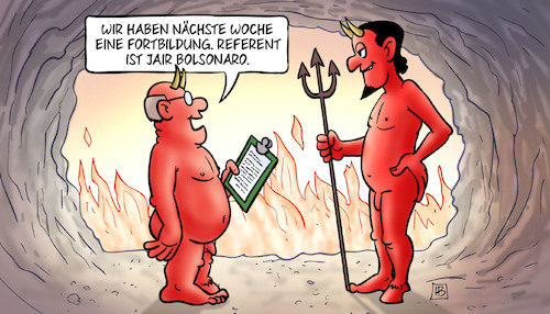 Cartoon: Brasilien-Brände (medium) by Harm Bengen tagged brasilien,brände,brand,amazonas,klimawandel,feuer,hölle,teufel,fortbildung,referent,jair,bolsonaro,regenwald,harm,bengen,cartoon,karikatur,brasilien,brände,brand,amazonas,klimawandel,feuer,hölle,teufel,fortbildung,referent,jair,bolsonaro,regenwald,harm,bengen,cartoon,karikatur