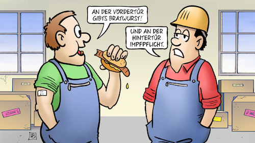 Cartoon: Bratwurst und Hintertür (medium) by Harm Bengen tagged vordertür,bratwurst,hintertür,impfpflicht,impfen,plaster,betrieb,firma,arbeiter,corona,lohnfortzahlung,quarantäne,ungeimpfte,harm,bengen,cartoon,karikatur,vordertür,bratwurst,hintertür,impfpflicht,impfen,plaster,betrieb,firma,arbeiter,corona,lohnfortzahlung,quarantäne,ungeimpfte,harm,bengen,cartoon,karikatur