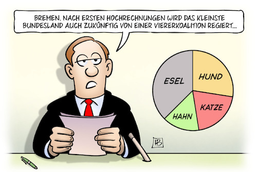 Cartoon: Bremen-Wahl 2023 (medium) by Harm Bengen tagged bremen,hochrechnungen,bürgerschaftswahl,kleinstes,bundesland,stadtstaat,wahl,koalition,viererkoalition,regieren,regierung,bremer,stadtmusikanten,esel,hund,katze,hahn,märchen,harm,bengen,cartoon,karikatur,bremen,hochrechnungen,bürgerschaftswahl,kleinstes,bundesland,stadtstaat,wahl,koalition,viererkoalition,regieren,regierung,bremer,stadtmusikanten,esel,hund,katze,hahn,märchen,harm,bengen,cartoon,karikatur