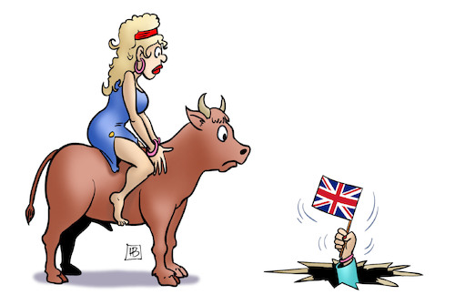 Cartoon: Brexit-Durchbruch (medium) by Harm Bengen tagged harter,weicher,brexit,uk,england,gb,may,eu,europa,stier,fahne,durchbruch,harm,bengen,cartoon,karikatur,harter,weicher,brexit,uk,england,gb,may,eu,europa,stier,fahne,durchbruch,harm,bengen,cartoon,karikatur