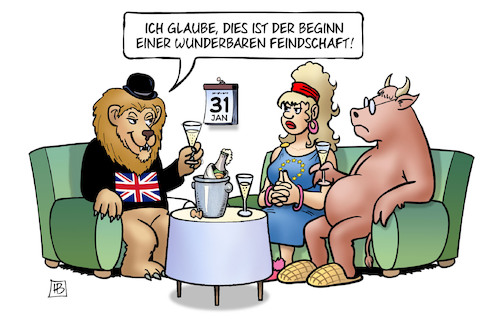 Cartoon: Brexit-Feier (medium) by Harm Bengen tagged brexit,feier,sekt,kalender,löwe,europa,stier,beginn,feindschaft,uk,gb,austritt,harm,bengen,cartoon,karikatur,brexit,feier,sekt,kalender,löwe,europa,stier,beginn,feindschaft,uk,gb,austritt,harm,bengen,cartoon,karikatur