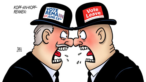 Cartoon: Brexit-Kopf-an-Kopf-Rennen (medium) by Harm Bengen tagged remain,leave,kopf,rennen,brexit,wahlkampf,bowler,uk,gb,referendum,eu,europa,austritt,harm,bengen,cartoon,karikatur,remain,leave,kopf,rennen,brexit,wahlkampf,bowler,uk,gb,referendum,eu,europa,austritt,harm,bengen,cartoon,karikatur