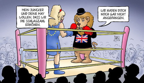 Cartoon: Brexit-Schlagzahl (medium) by Harm Bengen tagged brexit,uk,gb,löwe,europa,boxkampf,boxen,juncker,may,schlagzahl,erhöhen,harm,bengen,cartoon,karikatur,brexit,uk,gb,löwe,europa,boxkampf,boxen,juncker,may,schlagzahl,erhöhen,harm,bengen,cartoon,karikatur