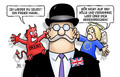 Cartoon: Brexit-Zwist (medium) by Harm Bengen tagged engel,teufel,brexit,wahlkampf,bowler,uk,gb,referendum,eu,europa,austritt,harm,bengen,cartoon,karikatur,engel,teufel,brexit,wahlkampf,bowler,uk,gb,referendum,eu,europa,austritt,harm,bengen,cartoon,karikatur