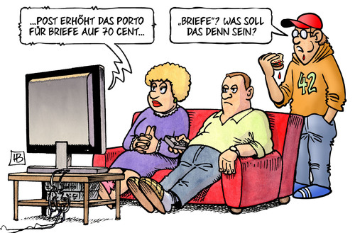 Cartoon: Briefporto (medium) by Harm Bengen tagged post,porto,erhöhung,briefe,tv,jugendlicher,sohn,eltern,harm,bengen,cartoon,karikatur,post,porto,erhöhung,briefe,tv,jugendlicher,sohn,eltern,harm,bengen,cartoon,karikatur