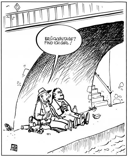 Cartoon: Brückentage (medium) by Harm Bengen tagged brückentag,brücke,urlaub,urlaubstag,wochenende,feiertag,arbeit,arbeitslos,arbeitslosigkeit,obdachlos,unterkunft,arm,armut,clochard,penner,säufer,alkoholiker,hartz,agenda 2010,agentur für arbeit,alg ii,arbeitslosengeld,betteln,existenzminimum,geringfügige beschäftigung,hartz 4,hartz iv,jobcenter,lebensqualität,sozialstaat,langes,agenda,2010,agentur,für,alg,ii,geringfügige,beschäftigung,iv