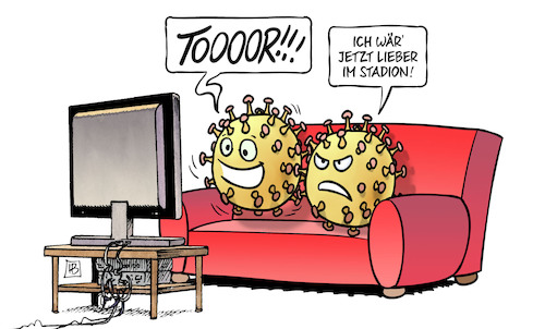 Cartoon: Bundesliga-Corona-Auftakt (medium) by Harm Bengen tagged bundesliga,corona,auftakt,stadion,tv,sofa,fussball,viren,harm,bengen,cartoon,karikatur,bundesliga,corona,auftakt,stadion,tv,sofa,fussball,viren,harm,bengen,cartoon,karikatur