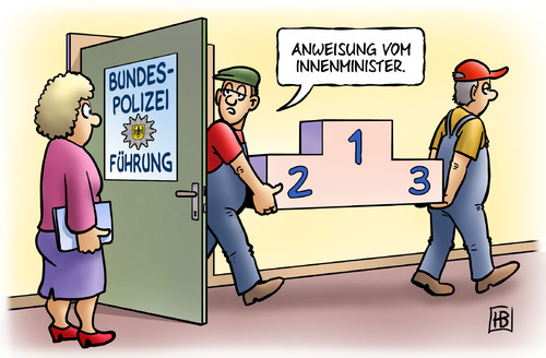 Cartoon: Bundespolizei (medium) by Harm Bengen tagged anweisung,innenminister,bundespolizei,fuehrung,olympia,olympische,spiele,sieger,podest,treppchen,entlassung,friedrich,kritik,polizeigewerkschaft