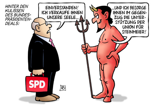 Cartoon: Bundespräsidenten-Handel (medium) by Harm Bengen tagged kulissen,bundespräsidentendeal,handel,wahl,seele,teufel,spd,koalition,union,unterstützung,steinmeier,harm,bengen,cartoon,karikatur,kulissen,bundespräsidentendeal,handel,wahl,seele,teufel,spd,koalition,union,unterstützung,steinmeier,harm,bengen,cartoon,karikatur