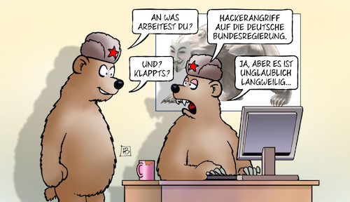 Cartoon: Bundesregierungshack (medium) by Harm Bengen tagged hackerangriff,deutsche,bundesregierung,bären,fancy,bear,russland,computer,internet,langweilig,harm,bengen,cartoon,karikatur,hackerangriff,deutsche,bundesregierung,bären,fancy,bear,russland,computer,internet,langweilig,harm,bengen,cartoon,karikatur