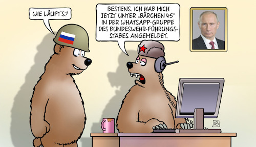 Cartoon: Bundeswehr-Abhörung (medium) by Harm Bengen tagged bärchen,whatsapp,gruppe,bundeswehr,führungsstab,russland,bären,computer,abhören,taurus,spionage,harm,bengen,cartoon,karikatur,bärchen,whatsapp,gruppe,bundeswehr,führungsstab,russland,bären,computer,abhören,taurus,spionage,harm,bengen,cartoon,karikatur