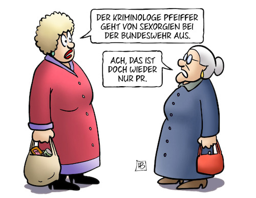 Cartoon: Bundeswehr-Orgien (medium) by Harm Bengen tagged kriminologe,pfeiffer,sexorgien,bundeswehr,leyen,pr,werbung,susemil,harm,bengen,cartoon,karikatur,kriminologe,pfeiffer,sexorgien,bundeswehr,leyen,pr,werbung,susemil,harm,bengen,cartoon,karikatur