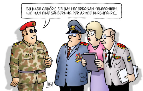 Cartoon: Bundeswehr-Säuberung (medium) by Harm Bengen tagged erdogan,säuberung,armee,nazis,rechts,von,der,leyen,kritik,verteidigungsministerin,bundeswehr,soldaten,harm,bengen,cartoon,karikatur,erdogan,säuberung,armee,nazis,rechts,von,der,leyen,kritik,verteidigungsministerin,bundeswehr,soldaten,harm,bengen,cartoon,karikatur