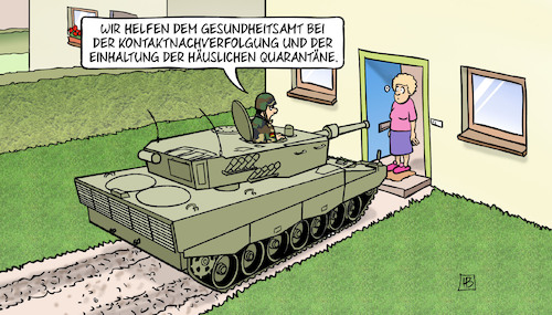 Cartoon: Bundeswehr hilft (medium) by Harm Bengen tagged bundeswehr,hilfe,gesundheitsamt,kontaktnachverfolgung,einhaltung,häusliche,quarantäne,panzer,corona,garten,harm,bengen,cartoon,karikatur,bundeswehr,hilfe,gesundheitsamt,kontaktnachverfolgung,einhaltung,häusliche,quarantäne,panzer,corona,garten,harm,bengen,cartoon,karikatur