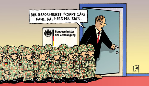 Cartoon: Bundeswehrstrukturreform (medium) by Harm Bengen tagged bundeswehrstrukturreform,bundeswehr,strukturreform,reform,verteidigung,verteidigungsministerium,verteidigungsminister,guttenberg,bonn,berlin,standort,umzug,verkleinerung,schrumpfung,kommission,weise,militär,armee,freiwillige,bundeswehr,truppe,reform,verteidigungsministerium,verkleinerung,reduzierung,einsparung,kosmetik,chirurgie,logo,militär,bundeswerh,soldaten,abwehr,sicherheit