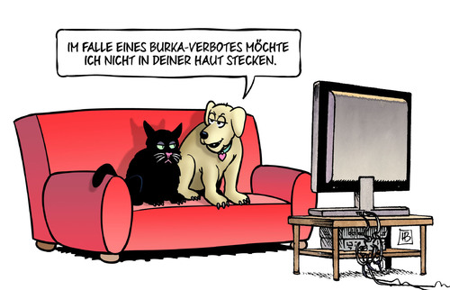 Cartoon: Burka-Verbot (medium) by Harm Bengen tagged vollverschleierung,burka,verbot,terror,sicherheit,islamismus,hund,katze,tv,harm,bengen,cartoon,karikatur,vollverschleierung,burka,verbot,terror,sicherheit,islamismus,hund,katze,tv,harm,bengen,cartoon,karikatur