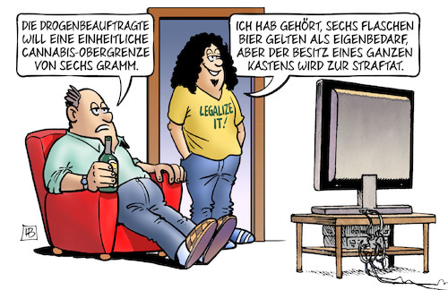 Cartoon: Cannabis-Obergrenze (medium) by Harm Bengen tagged drogenbeauftragte,einheitliche,cannabis,obergrenze,sechs,gramm,flaschen,bier,gelten,eigenbedarf,kastens,straftat,tv,vater,sohn,harm,bengen,cartoon,karikatur,drogenbeauftragte,einheitliche,cannabis,obergrenze,sechs,gramm,flaschen,bier,gelten,eigenbedarf,kastens,straftat,tv,vater,sohn,harm,bengen,cartoon,karikatur