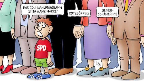 Cartoon: CDU-Wahlprogramm (medium) by Harm Bengen tagged cdu,wahlprogramm,kritik,spd,kind,kaisers,neue,kleider,bundestagswahlkampf,harm,bengen,cartoon,karikatur,cdu,wahlprogramm,kritik,spd,kind,kaisers,neue,kleider,bundestagswahlkampf,harm,bengen,cartoon,karikatur