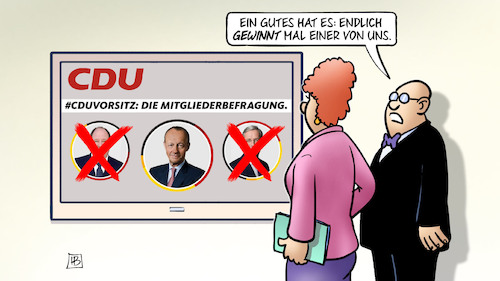 Cartoon: CDU gewinnt (medium) by Harm Bengen tagged gewinnen,monitor,cdu,mitgliederbefragung,braun,merz,röttgen,parteivorsitz,wahl,auszählung,stichwahl,harm,bengen,cartoon,karikatur,gewinnen,monitor,cdu,mitgliederbefragung,braun,merz,röttgen,parteivorsitz,wahl,auszählung,stichwahl,harm,bengen,cartoon,karikatur