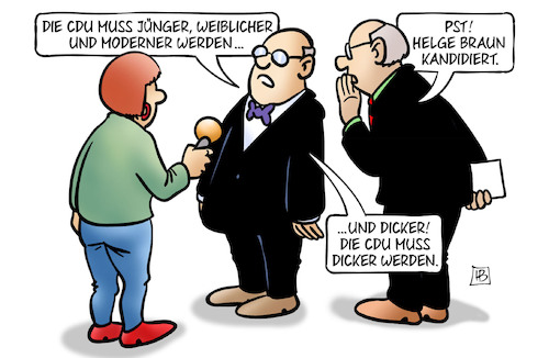 Cartoon: CDU muss dicker werden (medium) by Harm Bengen tagged cdu,jünger,weiblicher,moderner,helge,braun,kandidat,parteivorsitz,dicker,interview,flüstern,harm,bengen,cartoon,karikatur,cdu,jünger,weiblicher,moderner,helge,braun,kandidat,parteivorsitz,dicker,interview,flüstern,harm,bengen,cartoon,karikatur