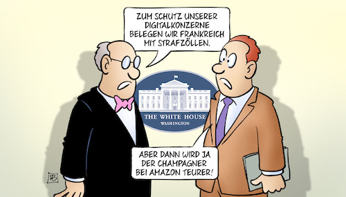 Cartoon: Champagner und Amazon (medium) by Harm Bengen tagged digitalkonzerne,usa,trump,frankreich,strafzölle,champagner,amazon,google,facebook,weisses,haus,harm,bengen,cartoon,karikatur,digitalkonzerne,usa,trump,frankreich,strafzölle,champagner,amazon,google,facebook,weisses,haus,harm,bengen,cartoon,karikatur