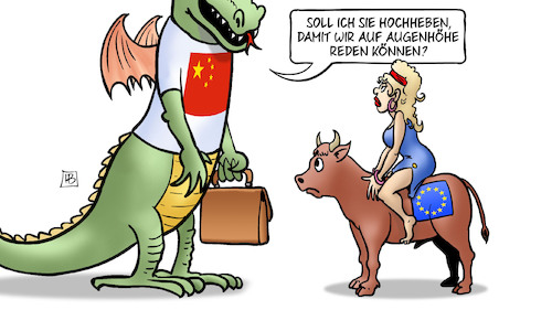 Cartoon: China-Europa-Besuch (medium) by Harm Bengen tagged china,drachen,europa,stier,besuch,hochheben,augenhöhe,xi,harm,bengen,cartoon,karikatur,china,drachen,europa,stier,besuch,hochheben,augenhöhe,xi,harm,bengen,cartoon,karikatur