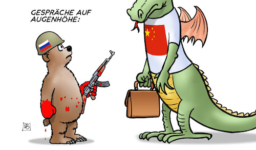 Cartoon: China-Russland auf Augenhöhe (medium) by Harm Bengen tagged gespräche,augenhöhe,china,drache,bär,riese,krieg,ukraine,russland,harm,bengen,cartoon,karikatur,gespräche,augenhöhe,china,drache,bär,riese,krieg,ukraine,russland,harm,bengen,cartoon,karikatur