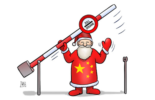 Cartoon: China-Zollsenkung (medium) by Harm Bengen tagged china,zollsenkung,zölle,weihnachtsmann,schranke,grenze,schlagbaum,harm,bengen,cartoon,karikatur,china,zollsenkung,zölle,weihnachtsmann,schranke,grenze,schlagbaum,harm,bengen,cartoon,karikatur